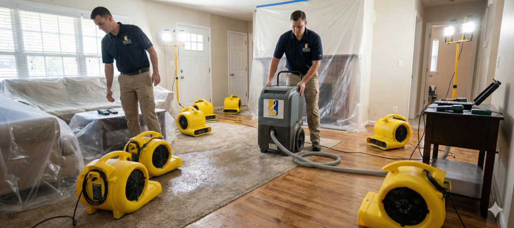Employees drying the wet floors